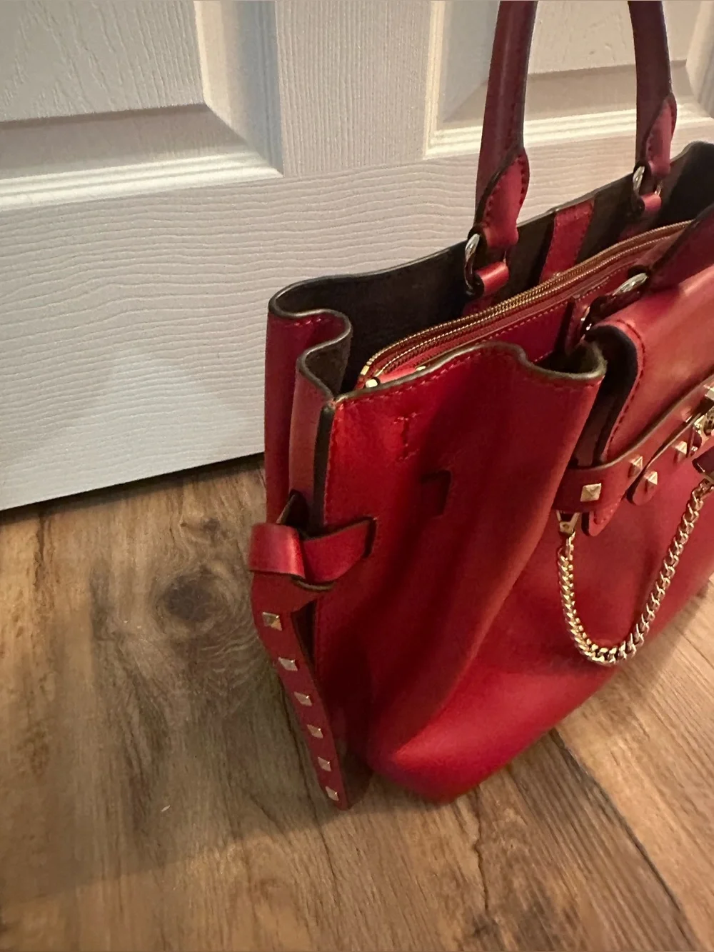 Michael Kors Red Leather Satchel with Gold Chain and Stud Accents
